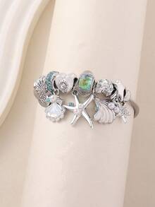 1pc Summer Vacation Ocean Series Elegant Luxury Brand Fashion Handmade Beaded Gradient Color Large Hole Beads Rhinestone Star, Bow, Seashell, Starfish Pendant Stainless Steel Open Cuff Bracelet Suitable For Women Beach, Party, Bar, Large Gathering Perfect Gift, Gift For Friends And Family Vacation, All Seasons, Casual, Photography, Travel Daily Wear (With Box Bracelet) - Multicolor - View 6