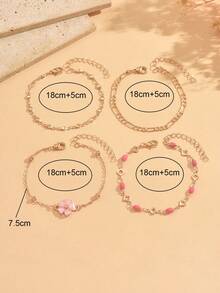 4pcs/Set Niche Gentle Style Pink Flower & Fuchsia Oil Drop Decor Layered Bracelets, Fashionable Versatile Women's Hand Jewelry, Suitable For Daily Wear, Date And Vacation, Handmade Chain Cut To Length - Multicolor - View 4