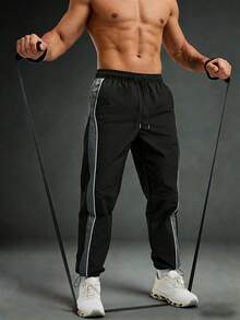 Men's Colorblock Wide Leg Sweatpants, Drawstring Casual Style, Adjustable Hem, Nylon Long Pants Sports - Black - View 4