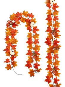 200cm/78.74inch Fall Maple Leaves Pumpkin Garland,Artificial Maple Leaf And White Pumpkins Autumn Garland Hanging Fall Vines,Realistic Autumn Leaf Hanging Vine For Thanksgiving Family Gathering Decor,Wedding Party Home Decor,Table Front Door Decor. - Multicolor - View 2