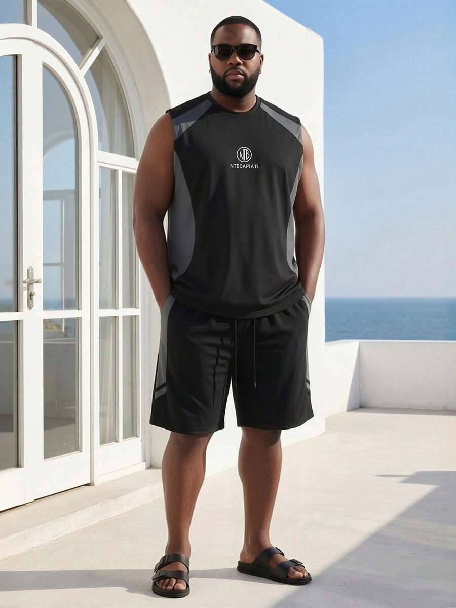 Plus Size Men's Colorblock Quick-Dry Printed Sleeveless Tank Top & 5-Inch Shorts 2-Piece Set, Loose Fit Summer Workout Tank Top And Shorts - Black - View 1