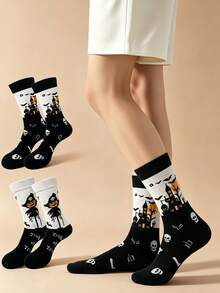 2 Pairs Halloween Couple Mid-Calf Socks, Women's, Haunted House, Skeleton, Bat, Scarecrow And Pumpkin Patterns, Collegiate Style Socks, Halloween Fun Casual Socks, Suitable For Daily Wear. - Multicolor - View 1