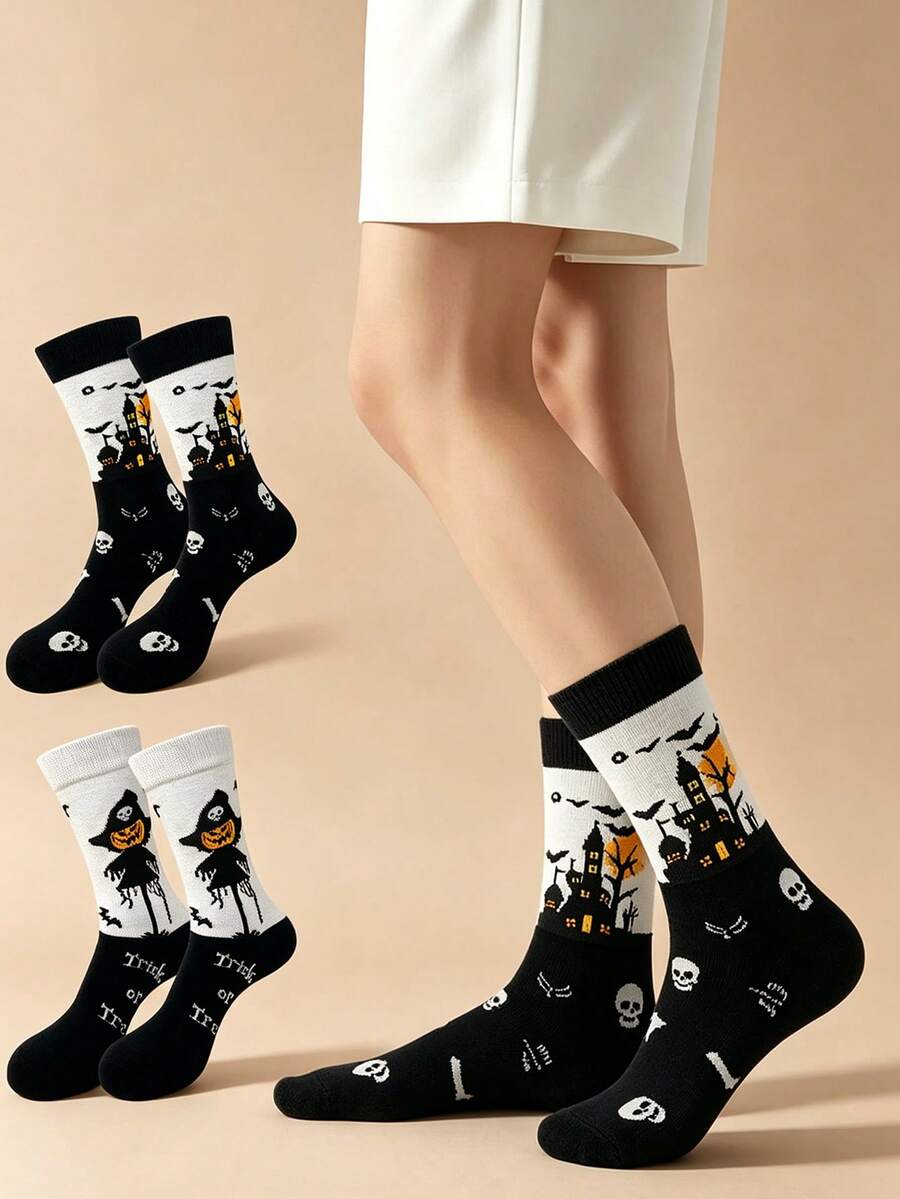 2 Pairs Halloween Couple Mid-Calf Socks, Women's, Haunted House, Skeleton, Bat, Scarecrow And Pumpkin Patterns, Collegiate Style Socks, Halloween Fun Casual Socks, Suitable For Daily Wear. - Multicolor - View 1