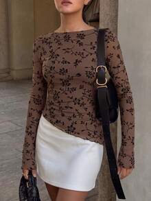 Women's Knitted Printed Long Sleeve Top - Brown - View 5