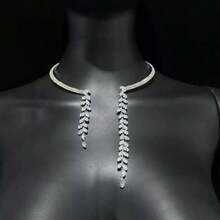 1pc Fashion Sparkling Leaf-Shaped Adjustable Choker Necklace, High-End Party Dress Accessory - Silver - View 2
