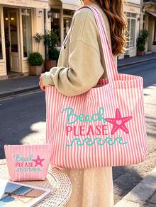 Women's Summer Beach Travel Tote Bag Set - Vintage Striped Tote Bag With Matching Mini Bag - Large Canvas Pink And White Striped Shoulder Bag With Starfish And Letter Print, Foldable Canvas Shoulder Bag, Summer Essential Waterproof And Sand-Resistant Travel Bag, Perfect For Beach Trips, Pool Days, Shopping And Daily Use, Suitable For Women, Travelers And Beach Lovers, Ideal For Spring Break And Gifts, Teacher's Day, Birthday Gifts - Multicolor - View 1