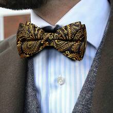 Jacqaurd Paisley Pattern Gold Bow Tie Hanky Cufflinks Complete Evening Party Accessory Kit - Gold - View 3