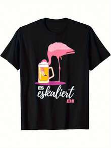 Vintage Loose-Fit Short Sleeves T Shirt,Features A Flamingo Beer Pattern,Vintage Fabric, - 黑色 - 查看 2