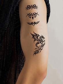 12pcs Totem Pattern Tattoo Stickers, Waterproof Men's Temporary Tattoos For Hand, Leg, Arm And Body Makeup, Wolf, Dragon Totem Fake Tattoo For Women, Hand Tattoo Suitable For Holiday, Daily Body Wear - Black - View 3