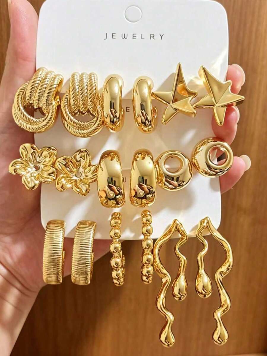 Juego de pendientes de metal pesado vintage estilo europeo y americano, pendientes versátiles chapados en oro con múltiples diseños geométricos de flores y estrellas estilo Hong Kong, adecuados para usar durante todo el año en viajes y vacaciones, el mejor regalo para familiares y amigos - Dorado - Ver 1