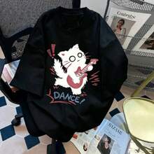 2026 Summer New Cute Punk Cat Guitar Printed Short Sleeve 100% Cotton T-Shirt Y2K Campus Oversized Graphic Tees Harajuku Vintage Aesthetic Baggy Top - BK - 查看 1