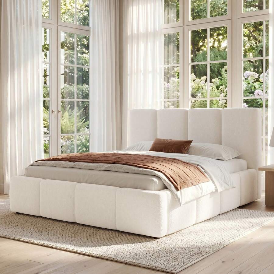 Upholstered Bed 180x200 Beige Bouclé - Integrated Frame - 米色 - 查看 1
