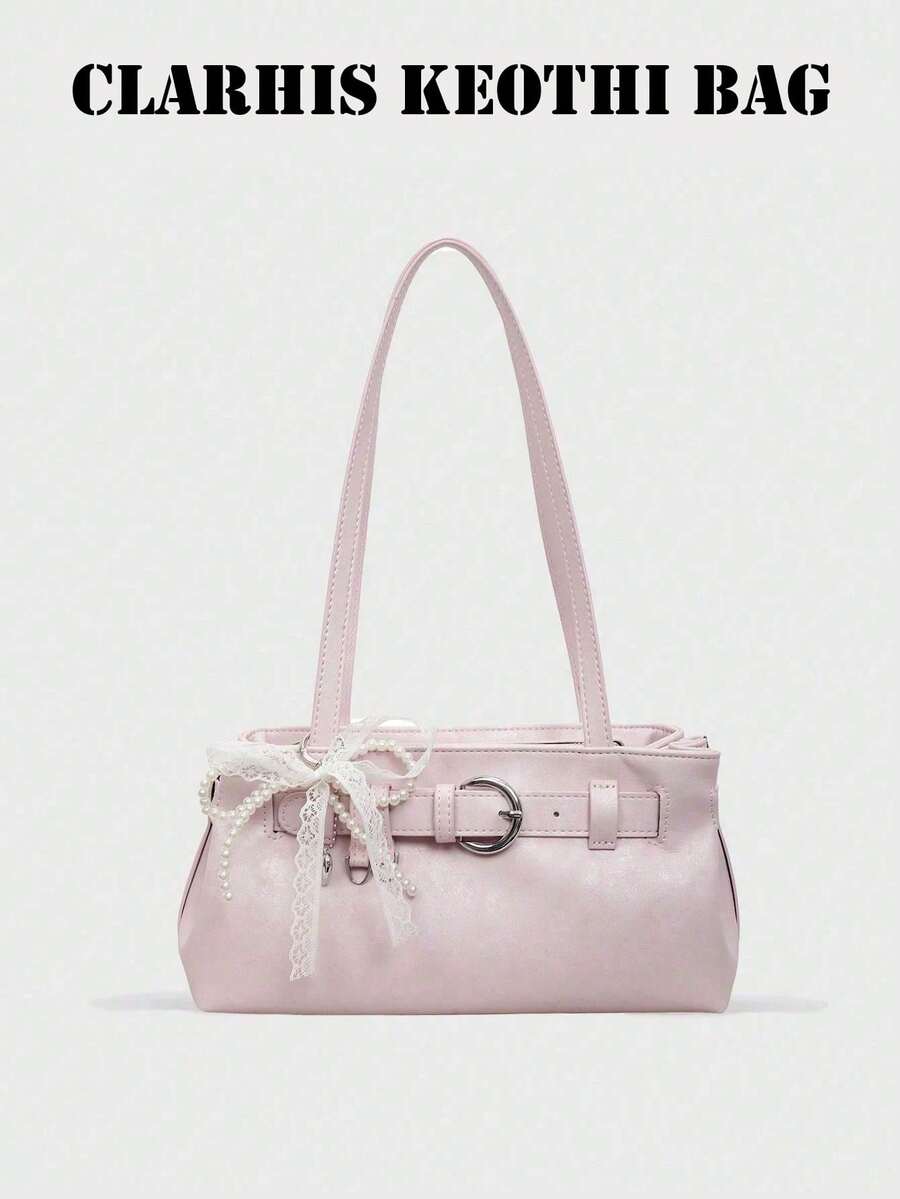 Stylish PU Shoulder Bag Alace Pearl Bow Charm. Perfect Everyday Commutes Working Professionals, Sweet Dates Shopping Trips Women, Short Vacations. - Pink - View 1