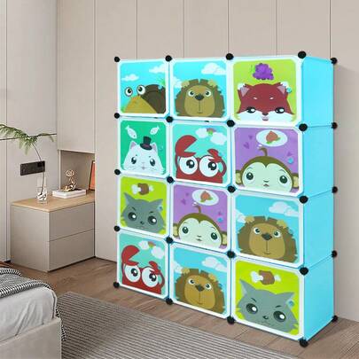 4-Tier Plastic Wardrobe With Cartoon Designs – Multi-Purpose Wardrobe – Waterproof And Wipeable Surface – PP Plastic – With 2 Clothes Rails – Corrosion And Mildew Resistant – Blue – 111 X 37 X 147 Cm