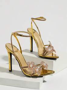 Jin Bei Qi Sandali estivi da donna, sandali con cinturino singolo incrociato e strass, punta aperta e tacco a spillo alto, sandali eleganti con tacco alto, scarpe da festa glamour e sexy per abito da sera e matrimonio, sandali eleganti da donna, tacchi alti dorati, sandali da donna - Dorato - Visualizzare 9