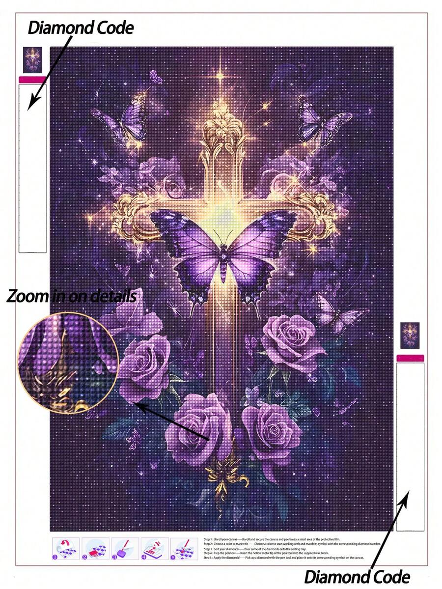 5D DIY Diamond Painting Kit, Gold Cross With Purple Roses And Butterflies Diamond Art Set, Dreamy Purple Religious Floral Wall Decor, Adult Stress Relief Diamond Painting, Handmade Wall Art, Crafting Fun - No Frame - View 1