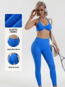 Women's Summer Two Pieces Blue Top And High Waisted Leggings Suit For Exercise Yoga Pilates Gym Run Wear Sports - Royal Blue - View 4