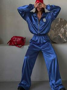 Autumn Satin Sequin Patchwork Sports Set, Blue Zipper Jacket + Wide Leg Pants 2 Pieces Outfit Elegant - Blue - View 1