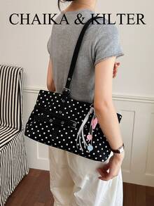 CHAIKA & KILTER 1pc Solid Color PU Fabric Tote Bag, Women's Retro Fashion Shoulder Tote Bag, All-Over Ripple Dot Pattern, Double Handle Design, Zipper Closure, Strap Decoration, Suitable For Daily And Street Use (Sold With Pendant) - Black - View 10