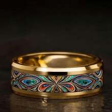 8mm Fashion Gold Peacock Tail Stainless Steel Couple Rings, Comfortable To Wear, Suitable For Daily Wear, Valentine's Day, And Anniversaries - C*1469 - View 3