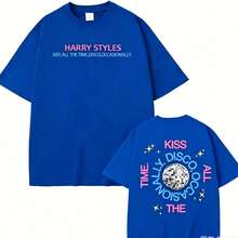 T-Shirt With A Print Of ' New Album, "Kiss All The Time" (2026), High Quality, Harajuku Summer Style, Pure Vintage Style, Unisex, Loose Fit, Cotton, Short Sleeve, Round Neck, Blouses For Women. Casual Blouses For Ladies.  Print.  Print T-Shirt. - 藍色 - 查看 12