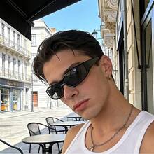 1pc Men's Glossy Wrap-Around Rectangular Fashion Glasses, Retro Thin Black Frame Travel Beach Daily UV Protection Fashion Glasses - Multicolor - View 1