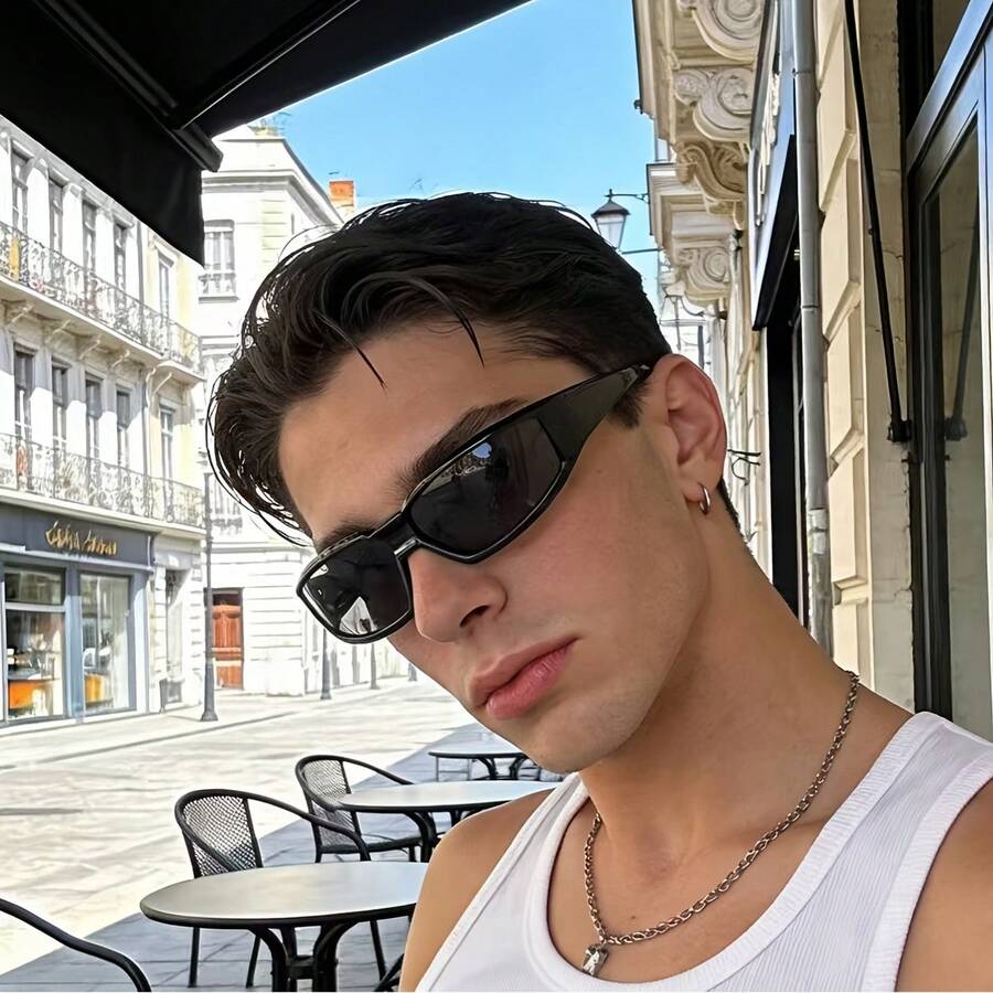 1pc Men's Glossy Wrap-Around Rectangular Fashion Glasses, Retro Thin Black Frame Travel Beach Daily UV Protection Fashion Glasses - Multicolor - View 1