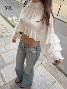 YIU LUMOS Women's Beige Mock Neck Crop Top, Gathered Neckline Double Ruffle Sleeve Ruffle Hem, Romantic Coquette Blouse For Fall Winter - Beige - View 9