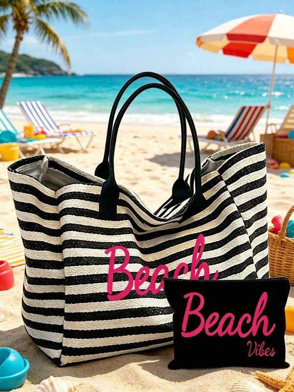 Ins Vacation Style Black & White Striped Beach Bag, Women's Black & White Horizontal Striped Large Tote Bag, Fuchsia BEACH Letter Print Tote Bag + Matching Black Zipper Cosmetic Bag, Extra Large Capacity Women's Shoulder Bag, Casual Versatile Can Hold Swimwear, Sunscreen, Towels, Makeup, Skincare, Suitable For Summer Beach, Pool, Vacation Travel, Outdoor Picnic, Daily Shopping, Commuting, Etc. Fashion Tropical Island Print Lightweight Washable Beach Bag, Handbag, Shoulder Bag, Gift For Girlfriend, Best Friend, Summer Valentine