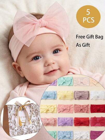 5pcs Baby Girl Bow Headband For 0-4 Years Old Girl,Mesh Bow Headband,Candy Color Hairband,Free Gift Bag Inclouded