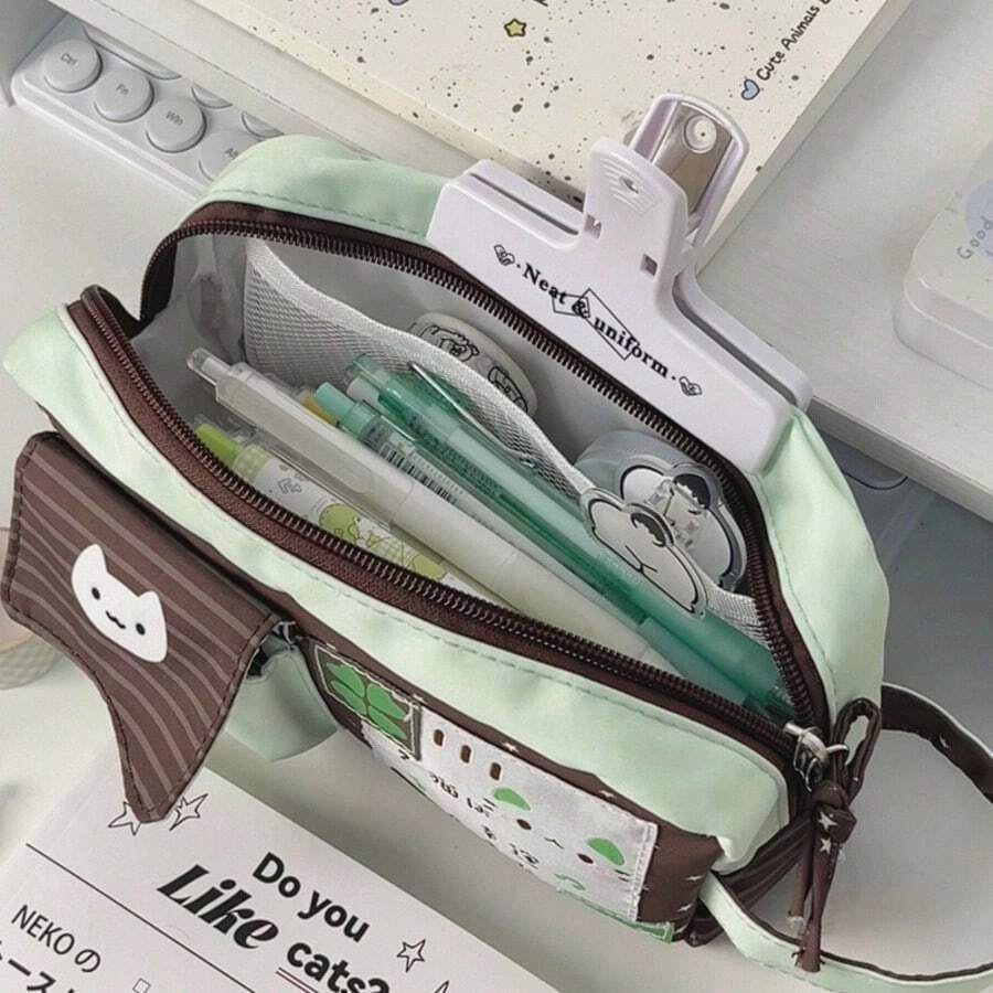 1pc Green Four-Leaf Clover Pattern Cat-Shaped Pencil Case, High Cost-Performance Large Capacity Student Pencil Bag, Storage Bag, High-Quality Pencil Holder, Back To School Gift, Student Desk Stationery Organizer