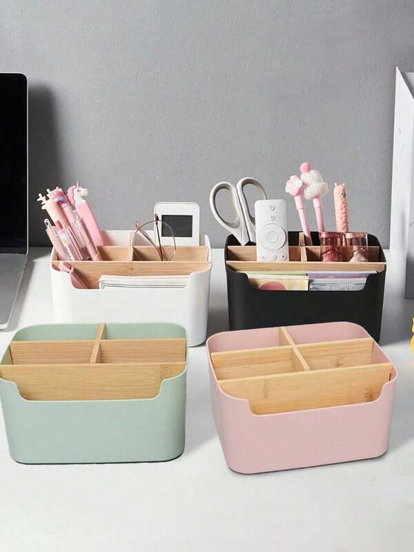 1pc PC Bamboo Desk Organizer With 5 Compartments, Premium Moisture-Proof Storage Box For Office Supplies, Pen Holder, Bathroom Cosmetic Storage Box, Living Room Multi-Purpose Rack, Jewelry Organizer For Earrings And Rings, Home Storage And Organization Product, Suitable For Desk, Cabinet, Vanity, Dorm Desk Back To School