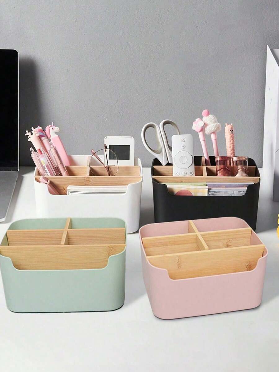 1 pieza Organizador de escritorio de bambú con 5 compartimentos, caja de almacenamiento premium a prueba de humedad para suministros de oficina, soporte para bolígrafos, caja de almacenamiento de cosméticos para el baño, estante multiusos para la sala de estar, organizador de joyas para aretes y anillos, producto de almacenamiento y organización para el hogar, adecuado para escritorio, gabinete, tocador, escritorio de dormitorio, regreso a la escuela - Multicolor - Ver 1