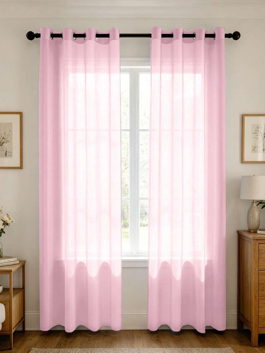 1pc And 2pcs Transparent Curtains/Minimalist Solid Color Transparent Curtains/Top Lock Ring Design/Plain Color Light Filtering Curtains/Light Balance Filtering Sunlight/Living Room Transparent Curtains/Living Room Transparent Curtains/Study Room Transparent Curtains/Cabinet Cover Curtains/Pink Curtains - Baby Pink - View 1