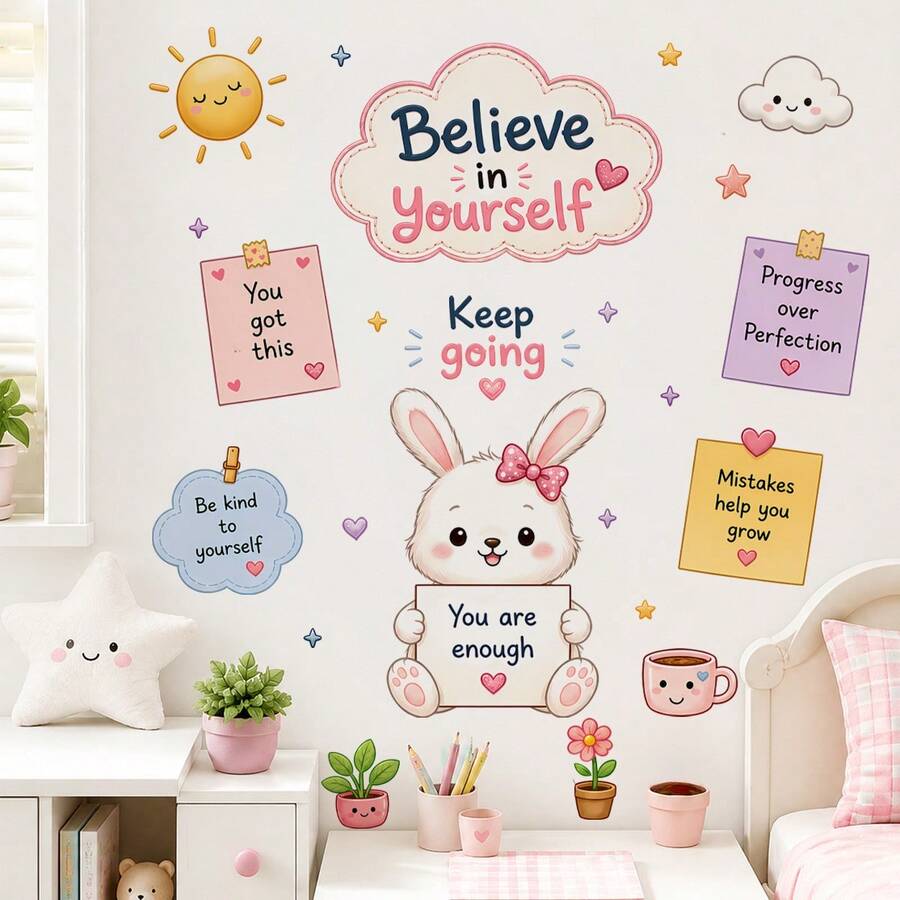 Inspirational Rabbit Wall Sticker Set, Removable Cute Self-Love Quote Wall Decals, Positive Affirmation Wall Art, Soft Rainbow Cloud Sun Aesthetic Removable Vinyl Stickers, Bohemian Style Bedroom Living Room Decor Accents - Inspirational Wall Stickers - View 1