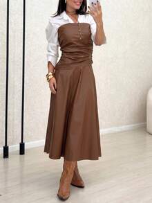 ANCHOSE Women's Autumn Brown PU 2 Pieces Set, Ruched Bandeau Top + A-Line Mid-Length Skirt, Without White Inner Layer, Elegant Commute Daily Outfit Fall - Orange Brown - View 2