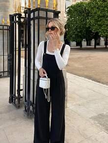 Women's Solid Color Button Pocket Strap Jumpsuit Wide Leg Pants - Black - View 5