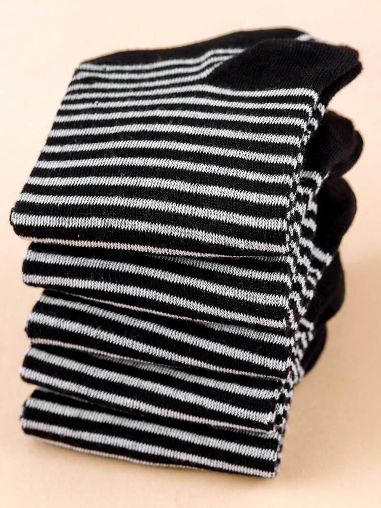 5 Pairs Women's Minimalist Black & White Thin Striped Casual Sports Style Versatile Short Socks Suitable For Daily Commute - Multicolor - View 3