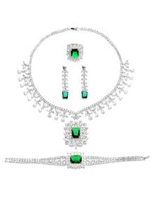 1 Set 4pcs Luxury Rectangular Full Cubic Zirconia Necklace, Earrings, Ring, Bracelet Women's Jewelry Set For Wedding, Evening Party, Dress Accessories - Square - View 2