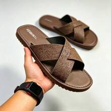 Men's Soft Sole Cross Strap Slippers, Men's Outdoor Party Business Casual Open Toe Slides, Black Minimalist Mule Slippers, Suitable For Beach, Casual And Daily Wear - All Season Comfortable, Men's Slippers, Men's Indoor Shoes - Brown - View 1