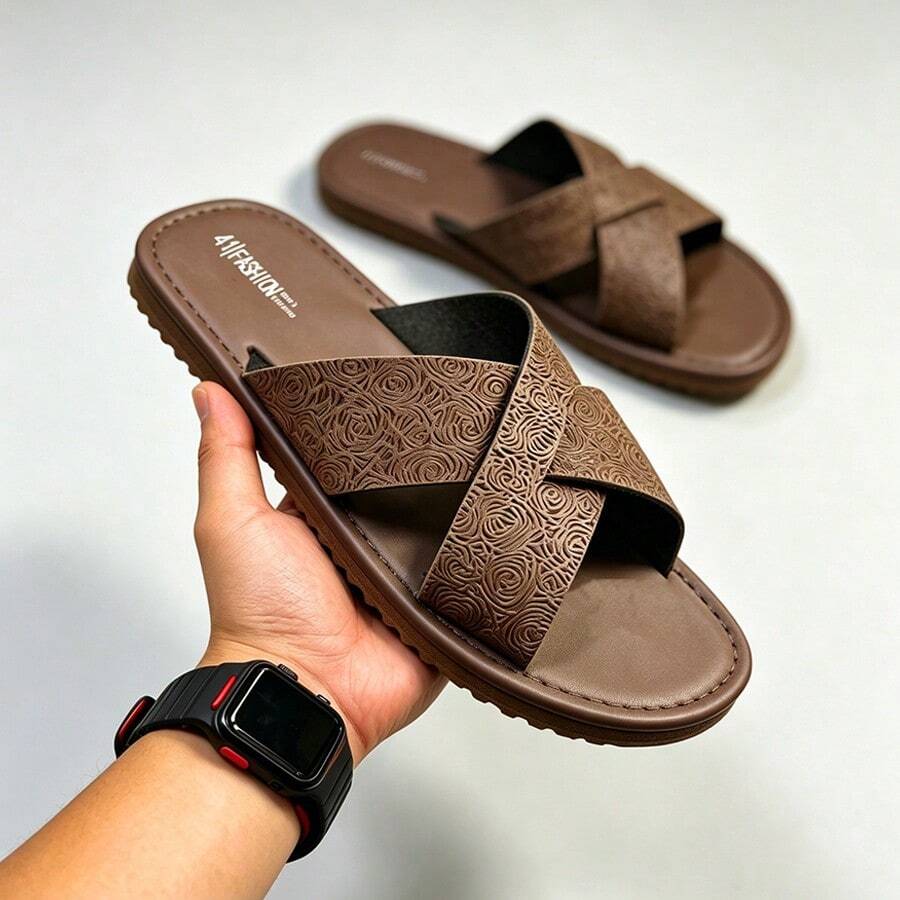 Men's Soft Sole Cross Strap Slippers, Men's Outdoor Party Business Casual Open Toe Slides, Black Minimalist Mule Slippers, Suitable For Beach, Casual And Daily Wear - All Season Comfortable, Men's Slippers, Men's Indoor Shoes - Brown - View 1