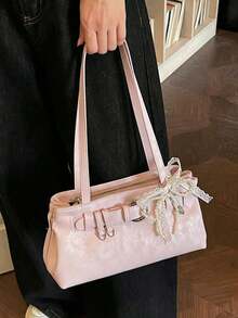 Stylish PU Shoulder Bag Alace Pearl Bow Charm. Perfect Everyday Commutes Working Professionals, Sweet Dates Shopping Trips Women, Short Vacations. - Pink - View 7