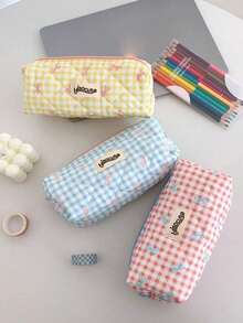 1pc Cute Bow Plaid Pencil Case, Fresh Korean Style Design, Back To School Student Stationery Storage Bag, School Bag Pencil Pouch - Blue - View 7