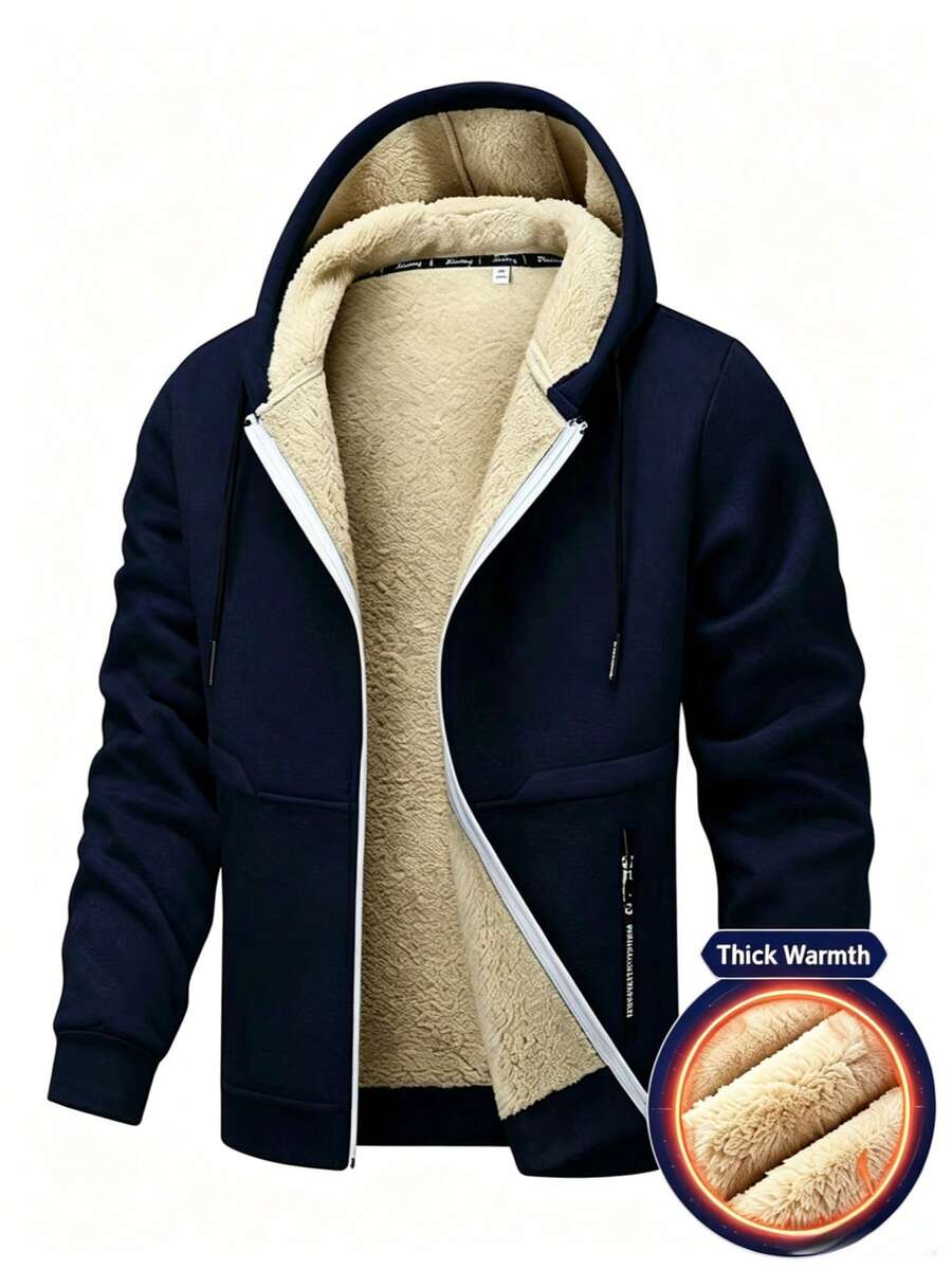 Men's Winter Full Lamb Fleece Lined Hooded Sweatshirt, Elastic Drawstring Hood, Zipper Side Pockets, Loose Fit Warm Jacket - Royal Blue - View 1