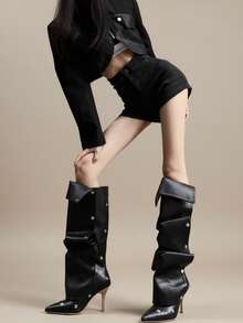 2026 Pointed Toe High Heel Stiletto Western Cowboy Tall Boots With Button Patchwork, 2-In-1 Wearable Slouchy Fashion Boots For Women - Black - View 3