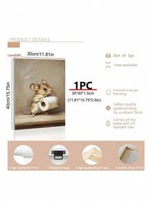 1pc Funny Mouse Holding Toilet Paper Art Print, Toilet Paper Flowers Print, Festival Gift, Suitable For Bedroom,Living Room, Bathroom,Wall Arts,Wall Decor,Home Decor,Room Decor, Canvas Wall Art, Posters, Wall Art With Frame, Optional Frame ﻿ ﻿ - 1PCS - View 7
