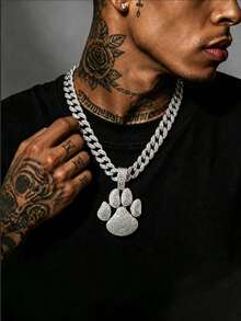 Men's Rhinestone Dog Paw Print Pendant Necklace, Full Rhinestone Cuban Chain Hip Hop Shiny Streetwear Jewelry, Gold & Silver - Dog Paw Pendant Necklace - View 11