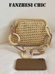 Hollow Crochet Straw Shoulder Bag Two-Tone Woven Ring Chain Handle Kisslock Frame Summer Beach Bag Suitable For Beach Activities - Beige - View 3