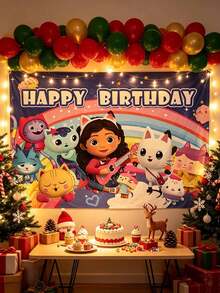 MASSDI Gabby Dollhouse Theme Birthday Backdrop, Macaron Color Cartoon Polyester Photo Banner, Foldable Wall Hanging Decoration, Suitable For Birthday Celebration, Outdoor Picnic And Theme Party Decor - Multicolor - View 11