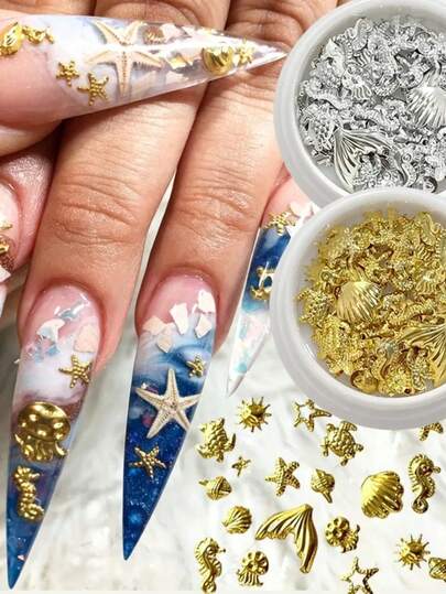 2 Boxes 3D Gold Starfish Shell Nail Art Decorations, Metal Rivet Caviar Beads, Summer Nail Art Decor, DIY UV Nail Art Tools